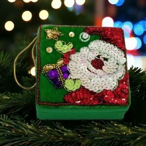 Gift Box Christmas Santa Green Mini Sequins Trinket Ornament Fabric Holiday